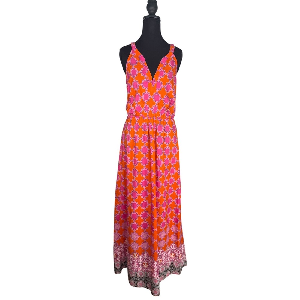 Banana Republic Women Orange Pink Geometric V-Neck Maxi Dress Size 6 S/973464-00